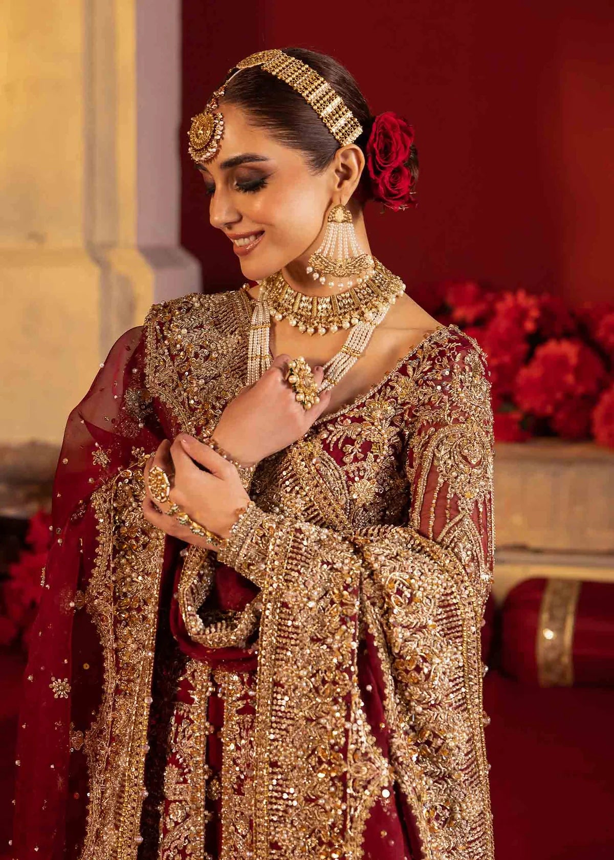 Luxury Red Velvet Bridal Pishwas – Hand Embellished Wedding Dress