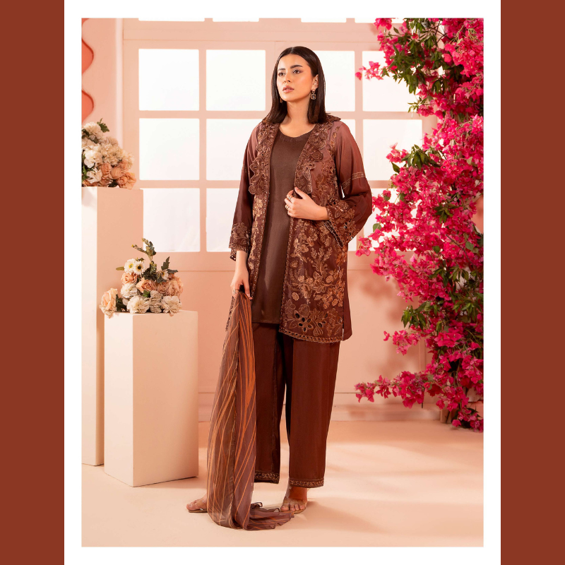 Mocha Brown Embroidered 3-Piece Ready to Wear Suit