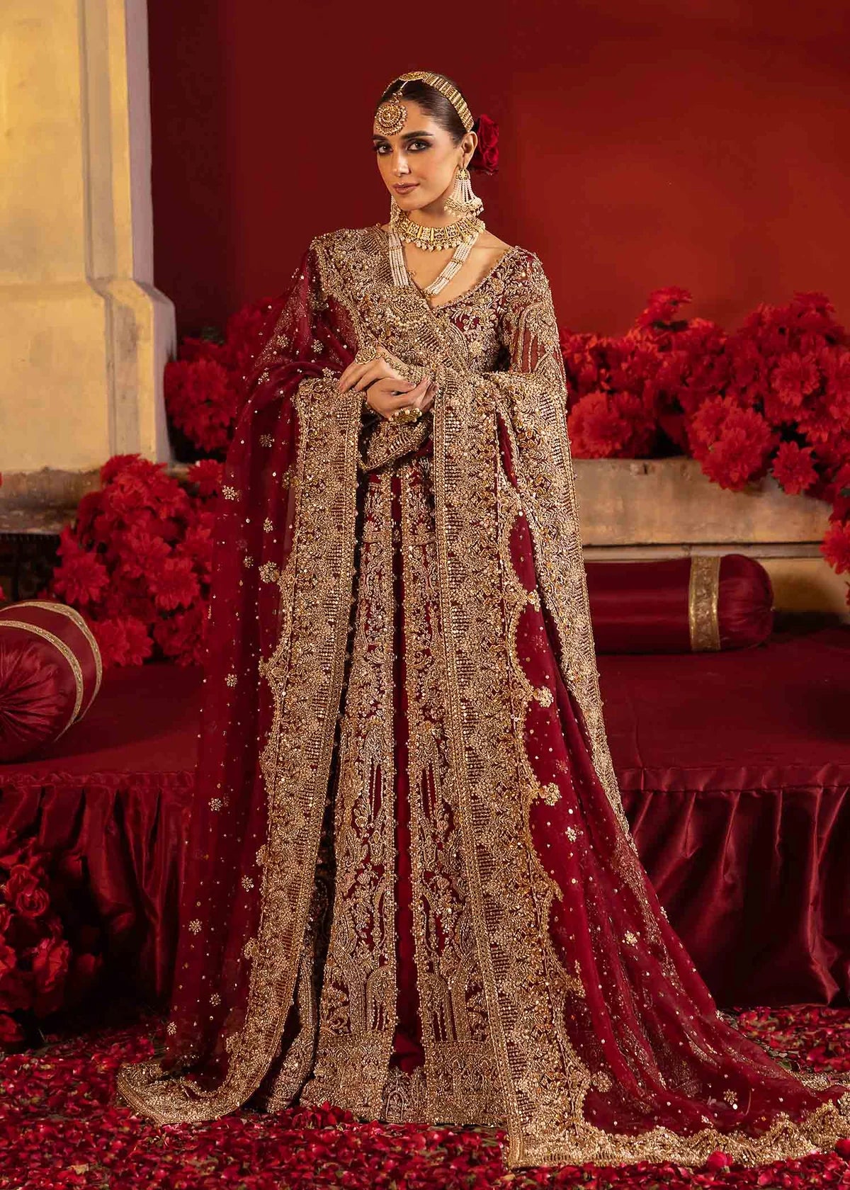 Luxury Red Velvet Bridal Pishwas – Hand Embellished Wedding Dress
