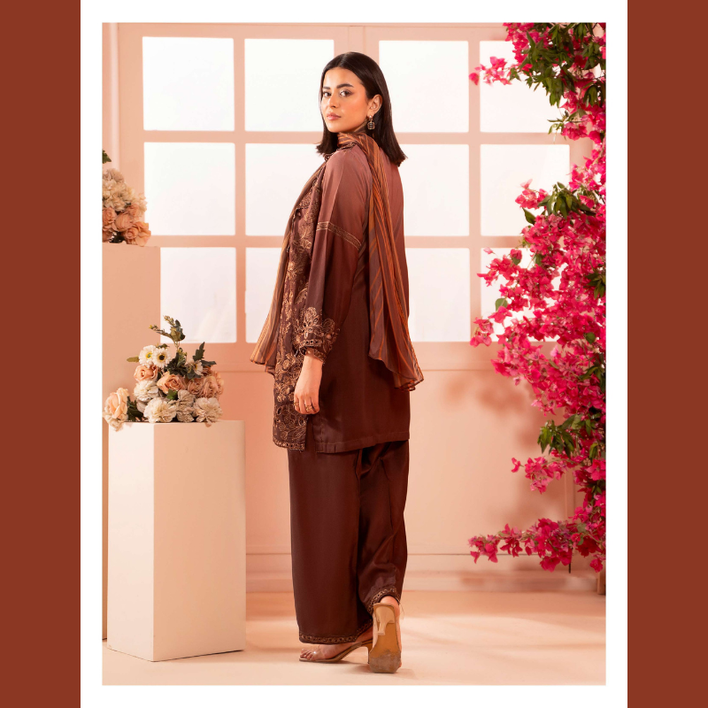 Mocha Brown Embroidered 3-Piece Ready to Wear Suit