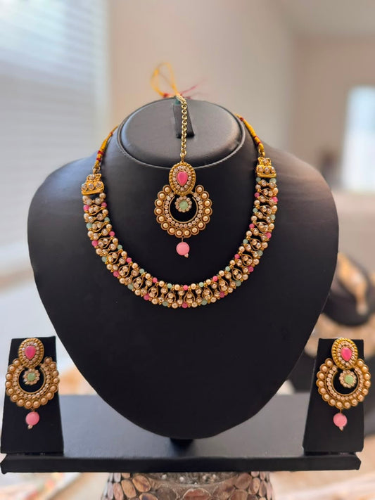 Traditional Pink & Mint Kundan Pearl Jewelry Set