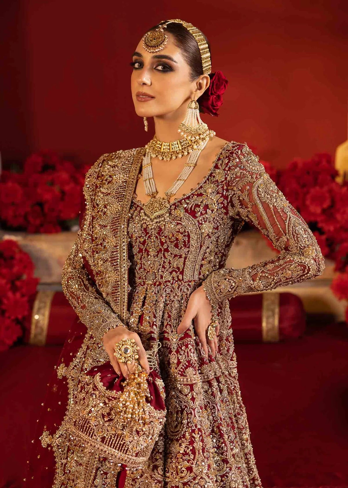 Luxury Red Velvet Bridal Pishwas – Hand Embellished Wedding Dress