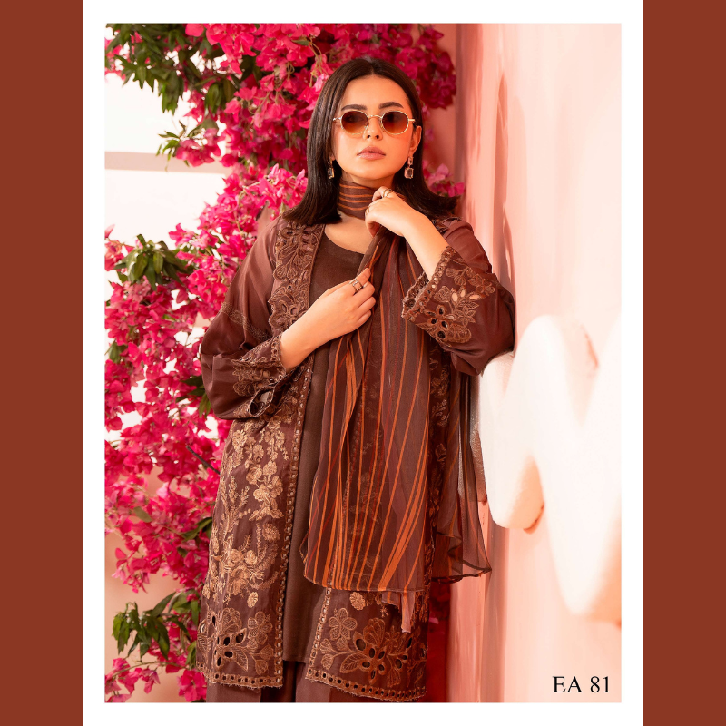 Mocha Brown Embroidered 3-Piece Ready to Wear Suit