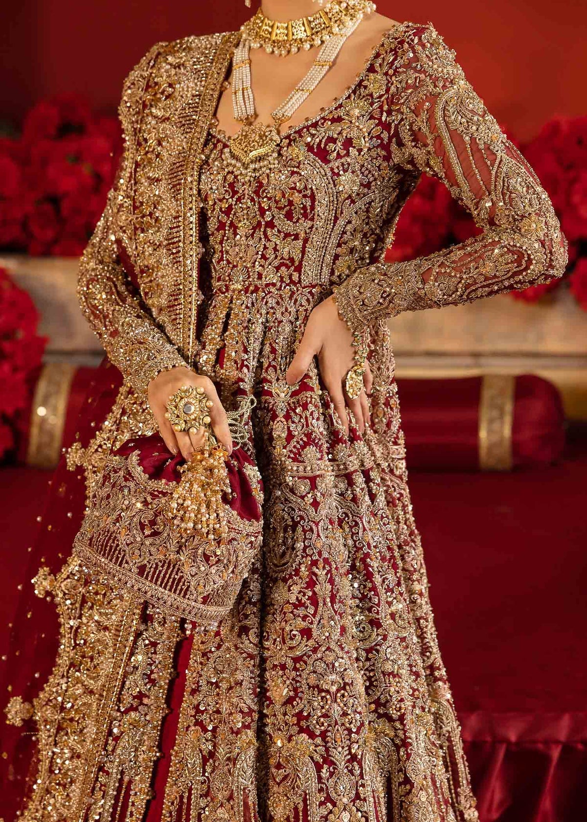Luxury Red Velvet Bridal Pishwas – Hand Embellished Wedding Dress