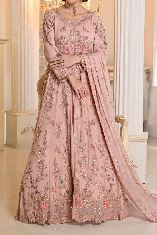 Blush Pink Hand Embroidered Long Front-Open Dress with Dupatta