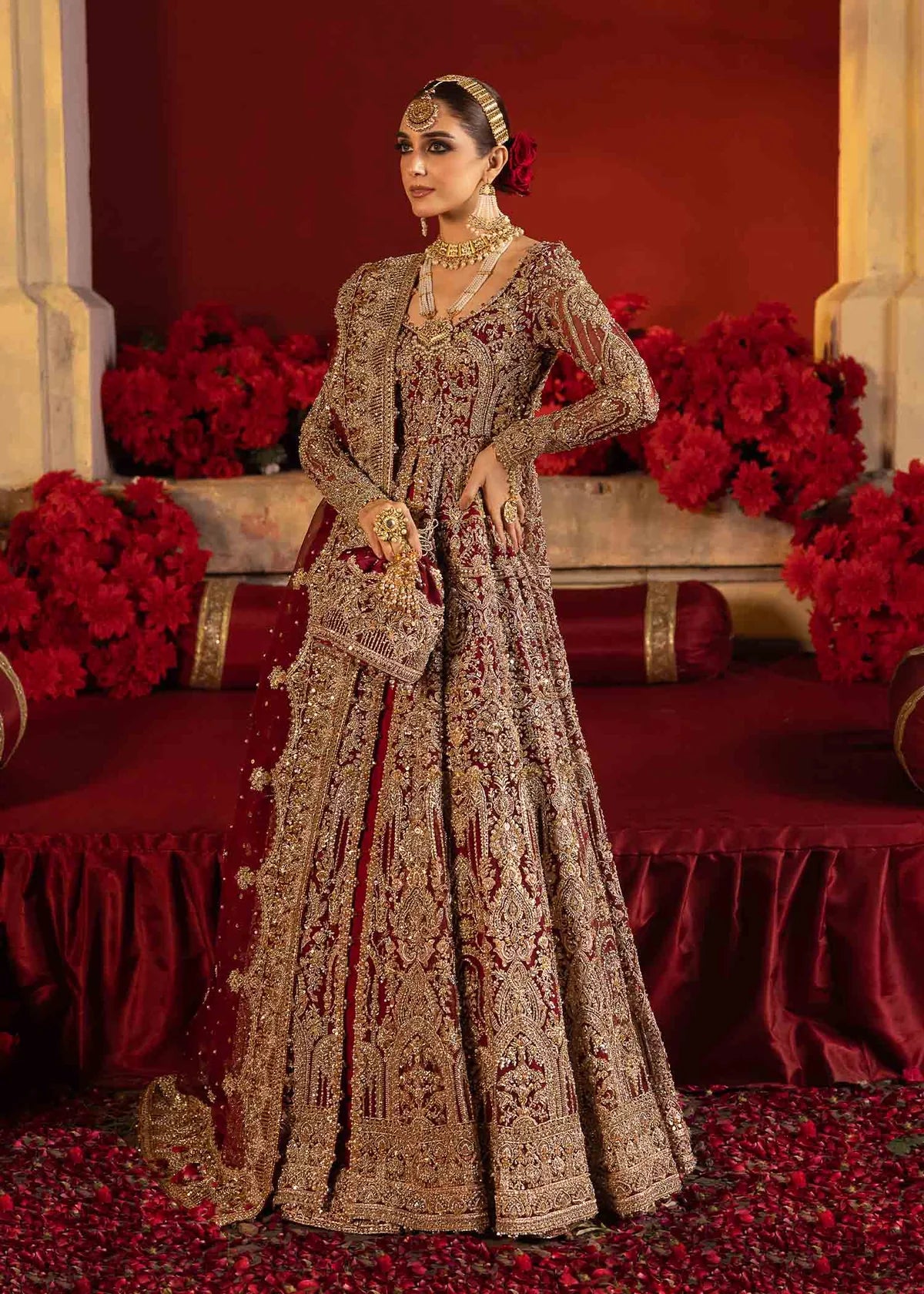 Luxury Red Velvet Bridal Pishwas – Hand Embellished Wedding Dress