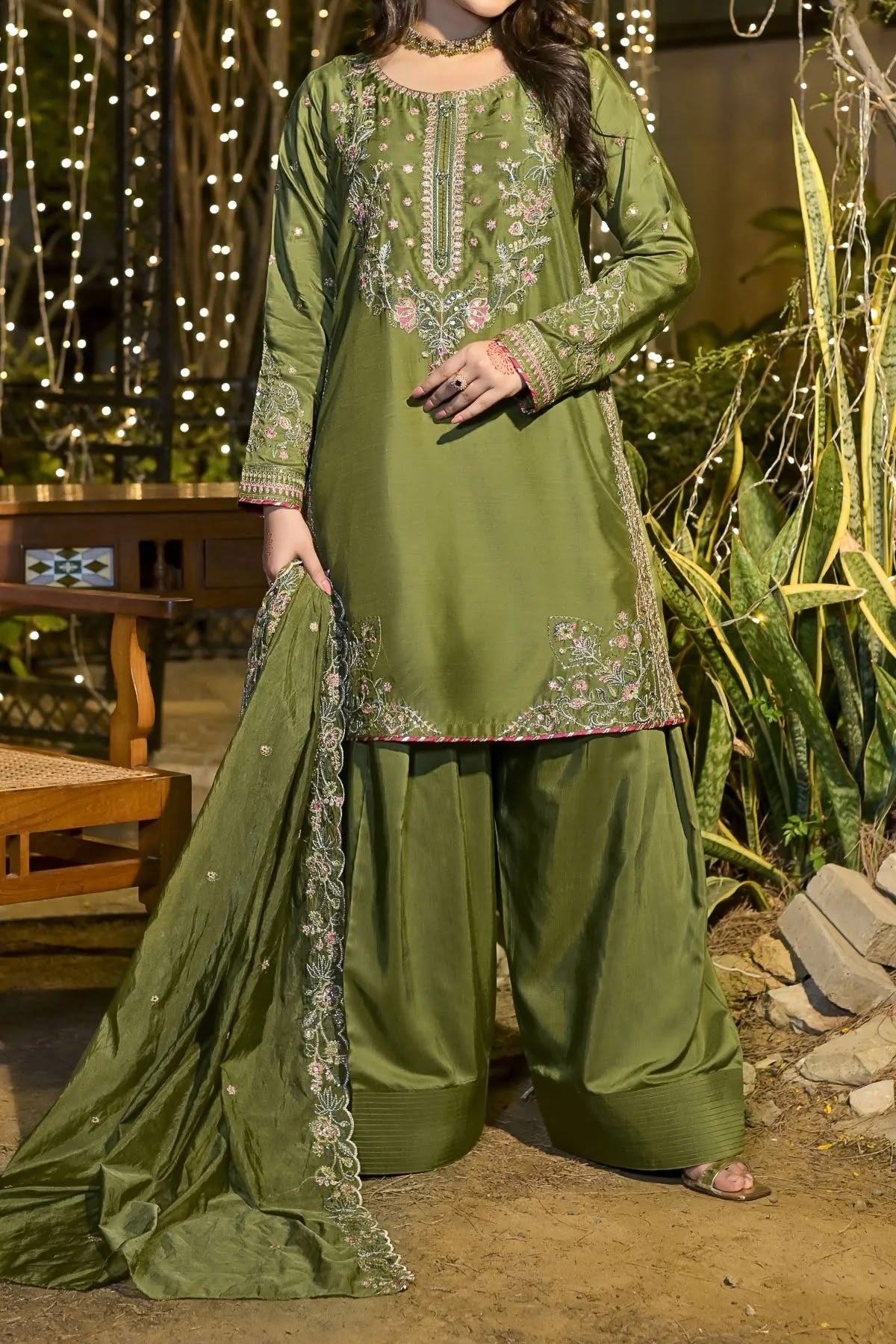 Elegant Olive Green Embroidered 3 Piece Suit for Women