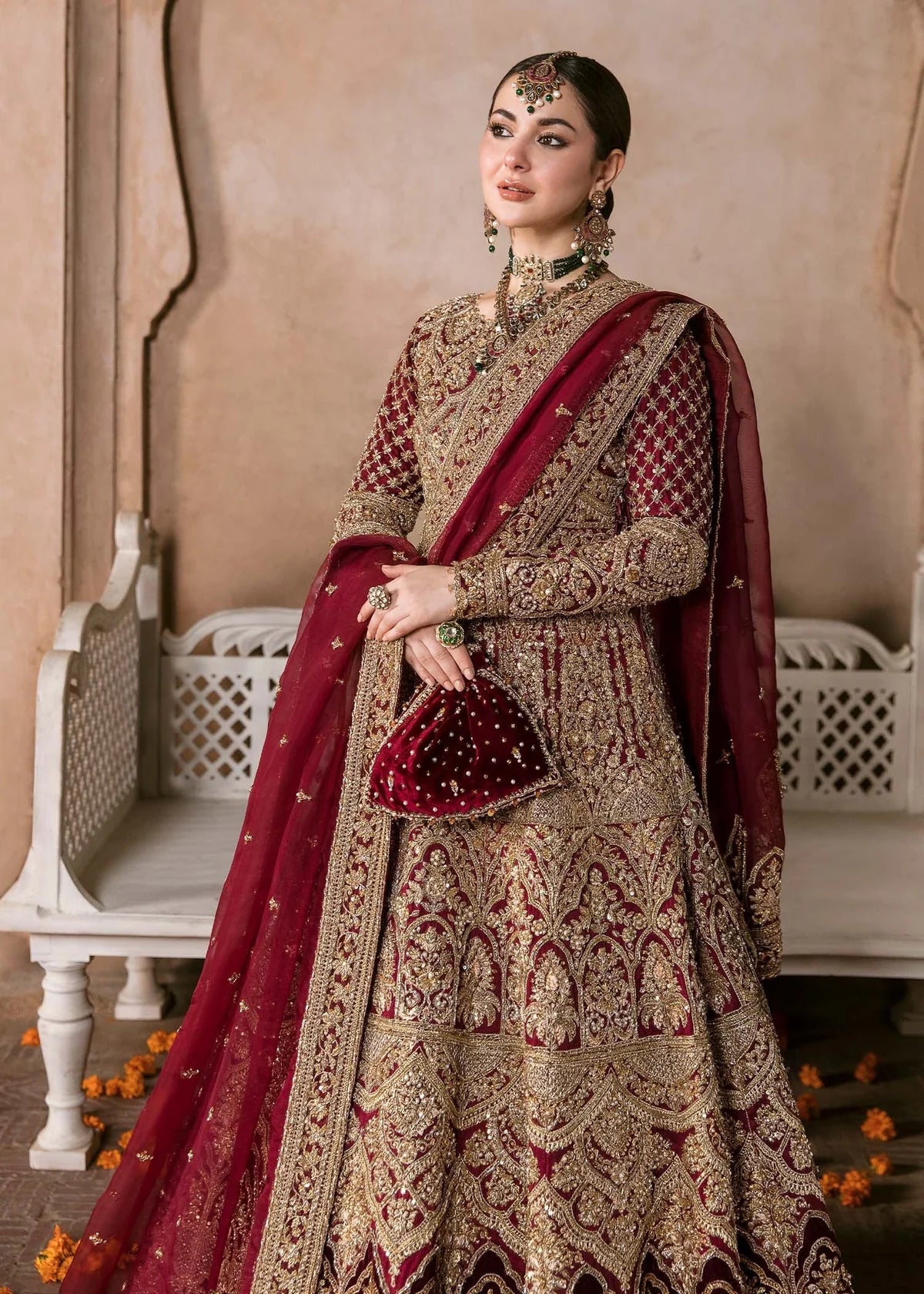 Muntaha Deep Red Korean Silk Bridal Pishwas – Luxury Wedding Dress