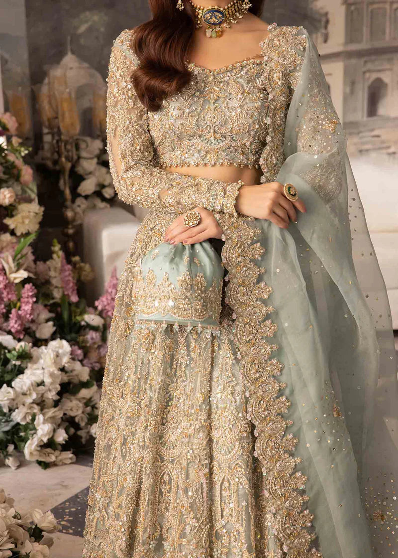 Luxury Powder Blue Bridal Lehenga – Handcrafted Net Wedding Dress