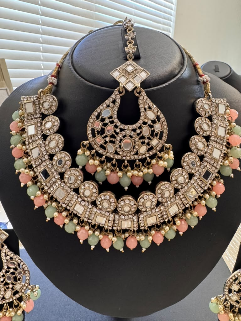 Pastel Mirror & Pearl Bridal Jewelry Set with Earrings & Maang Tikka