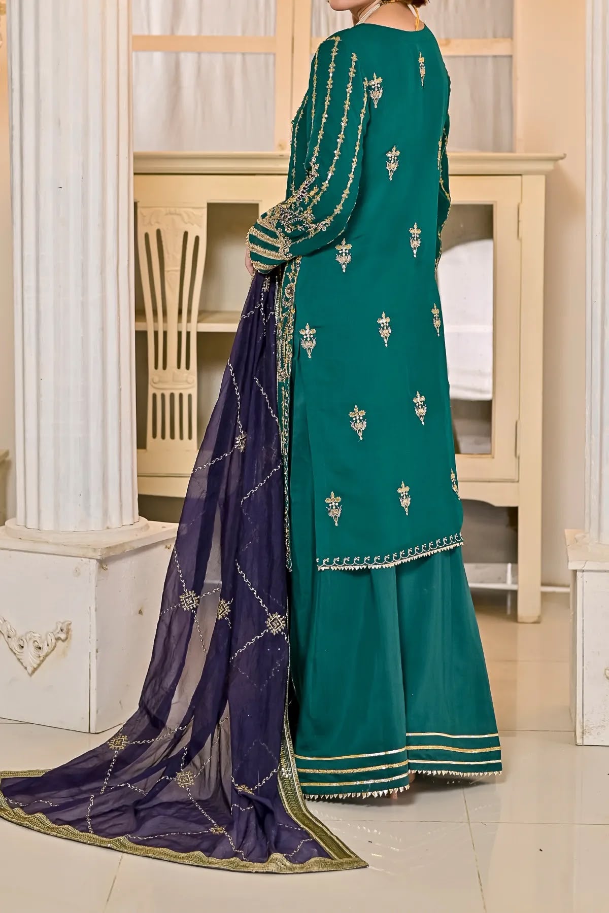 Zinc Long Shirt and Sharara Style Ensemble with Embroidered Dupatta