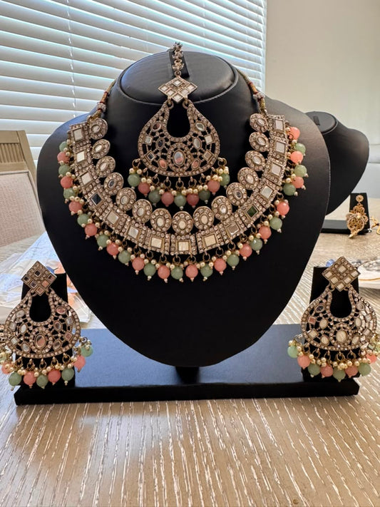 Pastel Mirror & Pearl Bridal Jewelry Set with Earrings & Maang Tikka