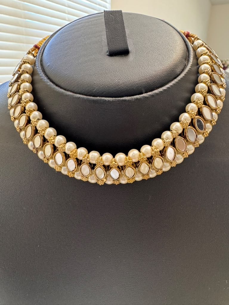 Classic Pearl & Kundan Choker Jewelry Set – Necklace with Stud Earrings
