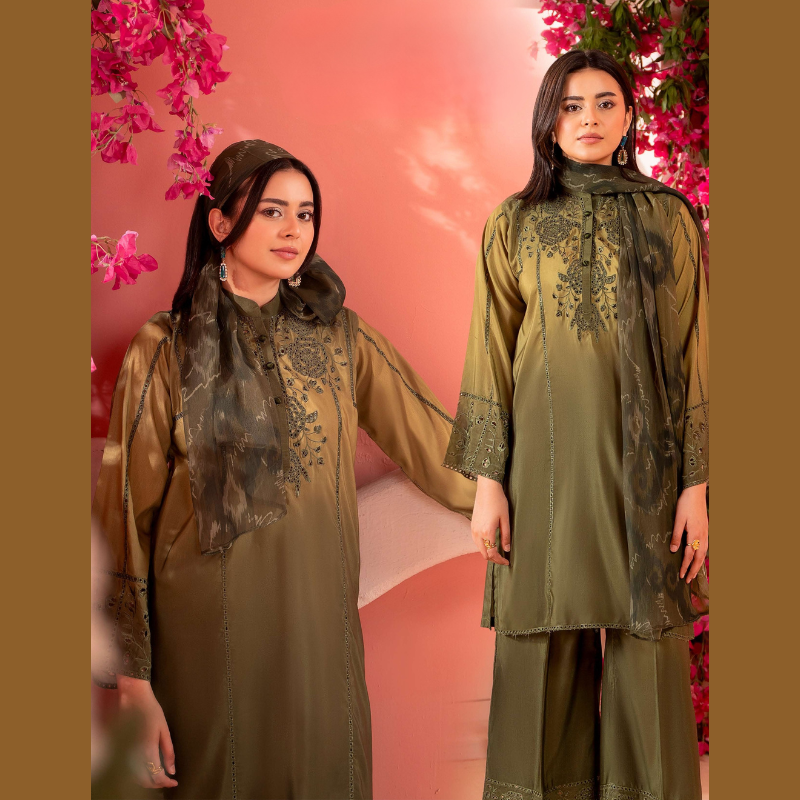 Olive Green Embroidered 3-Piece Suit with Sheer Dupatta