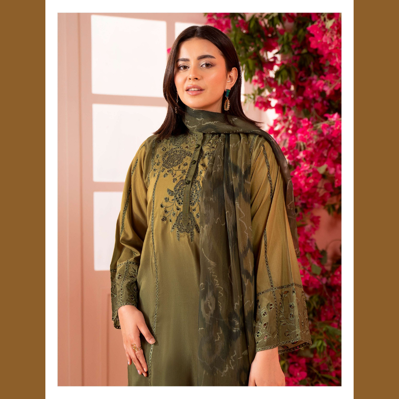 Olive Green Embroidered 3-Piece Suit with Sheer Dupatta