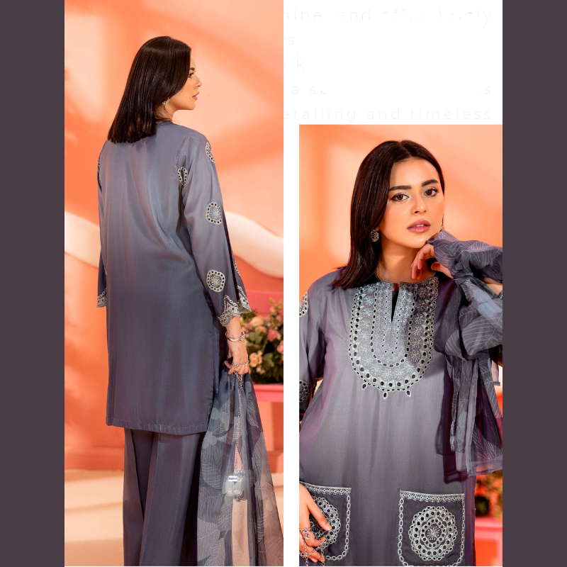 Embroidered Grey Straight Suit with Dupatta