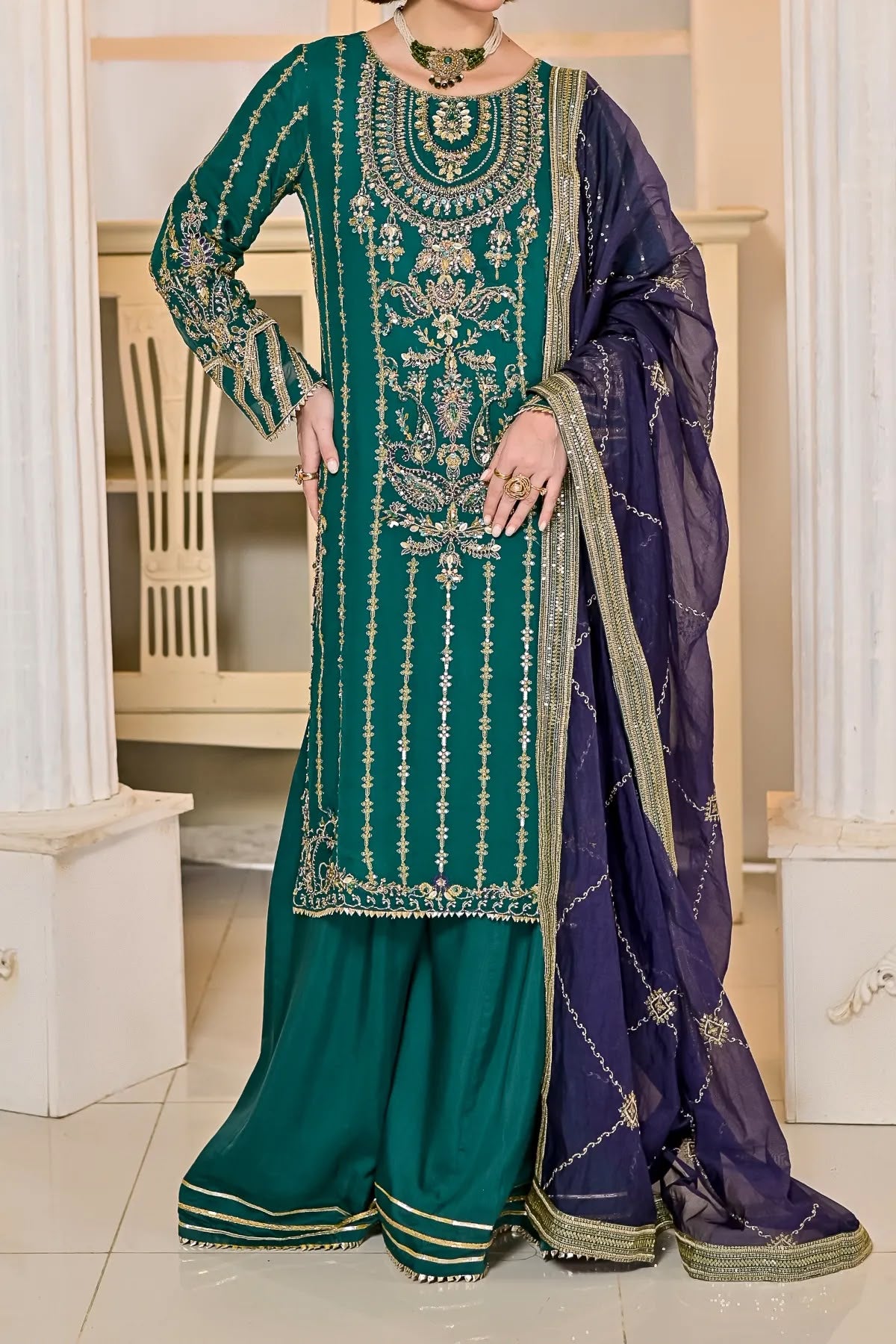 Zinc Long Shirt and Sharara Style Ensemble with Embroidered Dupatta