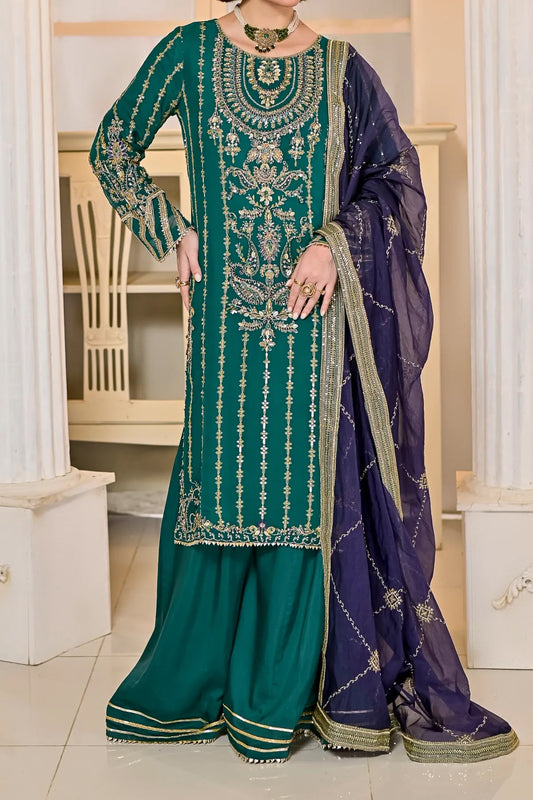Zinc Long Shirt and Sharara Style Ensemble with Embroidered Dupatta