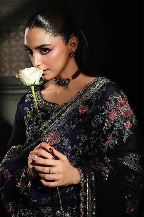 Navy Blue Chiffon Embroidered 3-Piece Suit with Golden Detailing