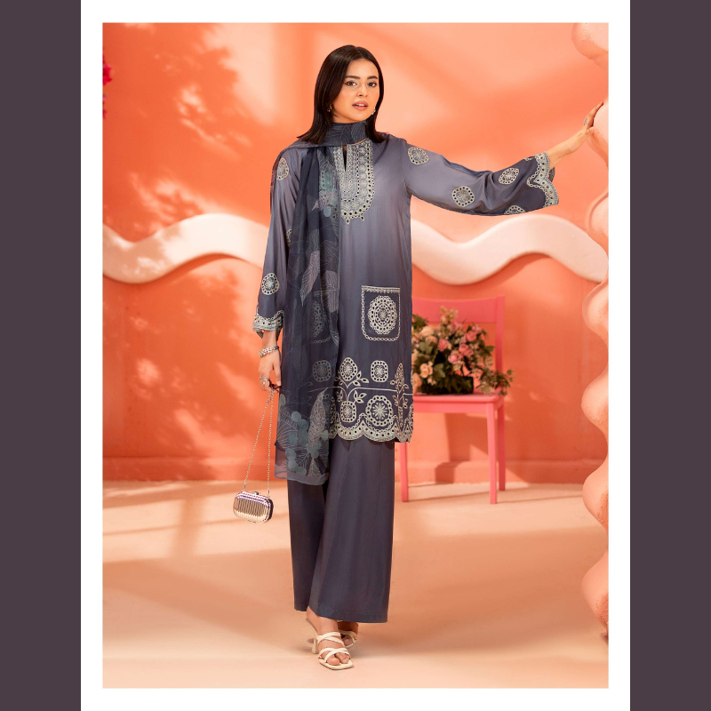 Embroidered Grey Straight Suit with Dupatta