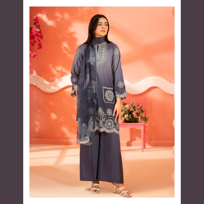 Embroidered Grey Straight Suit with Dupatta