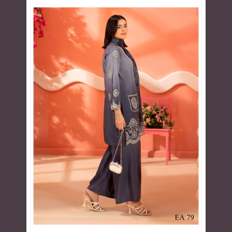 Embroidered Grey Straight Suit with Dupatta