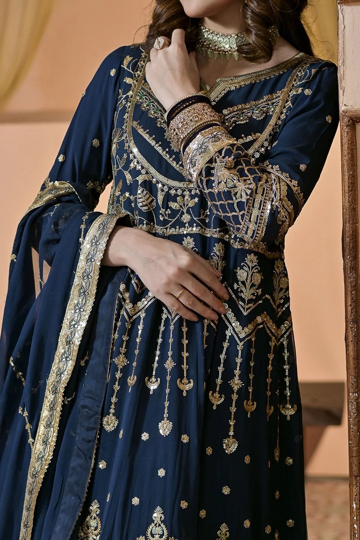 Blue Hand Embroidered Long Anarkali with Dupatta