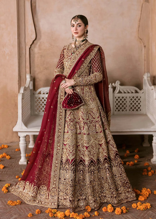 Muntaha Deep Red Korean Silk Bridal Pishwas – Luxury Wedding Dress