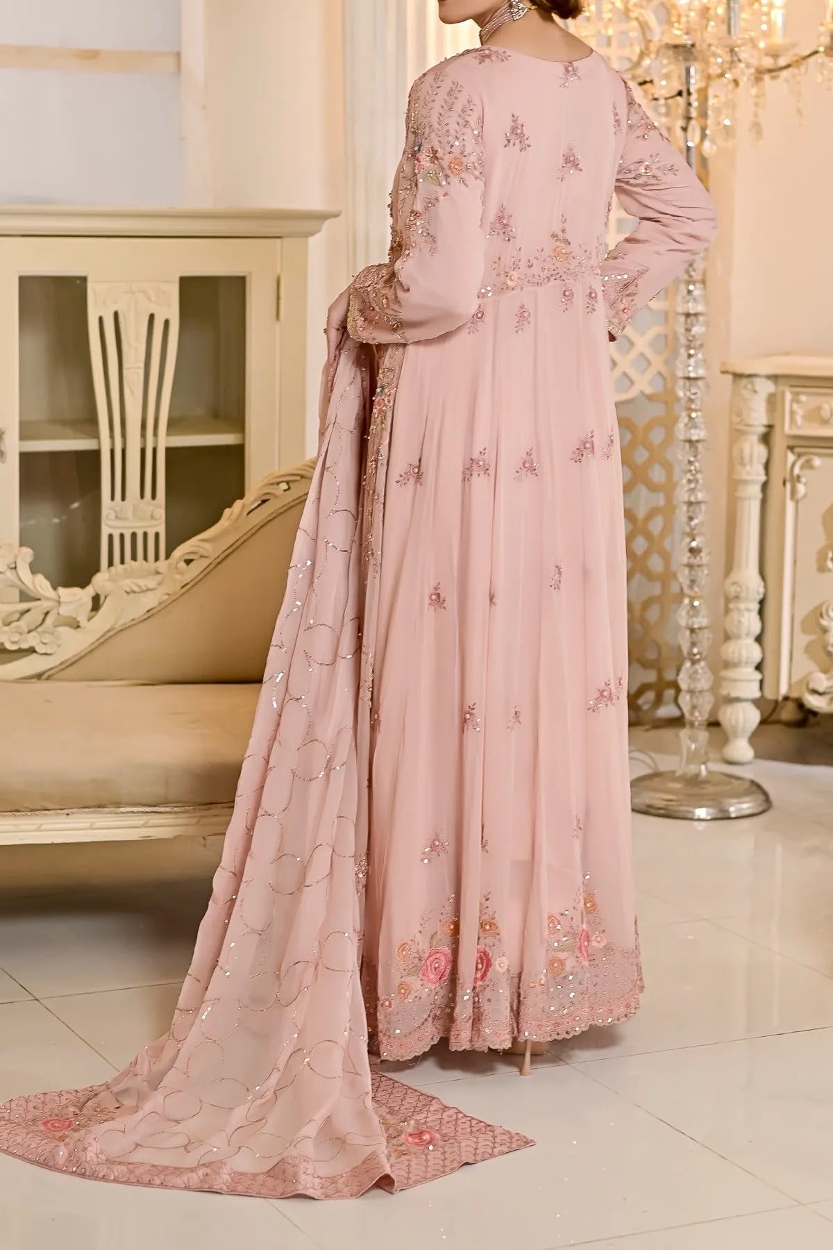 Blush Pink Hand Embroidered Long Front-Open Dress with Dupatta