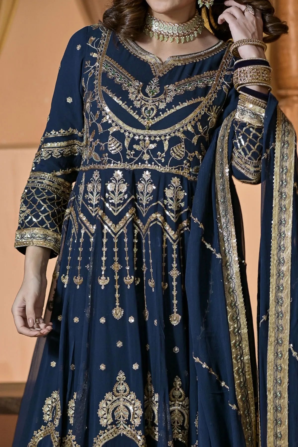Blue Hand Embroidered Long Anarkali with Dupatta