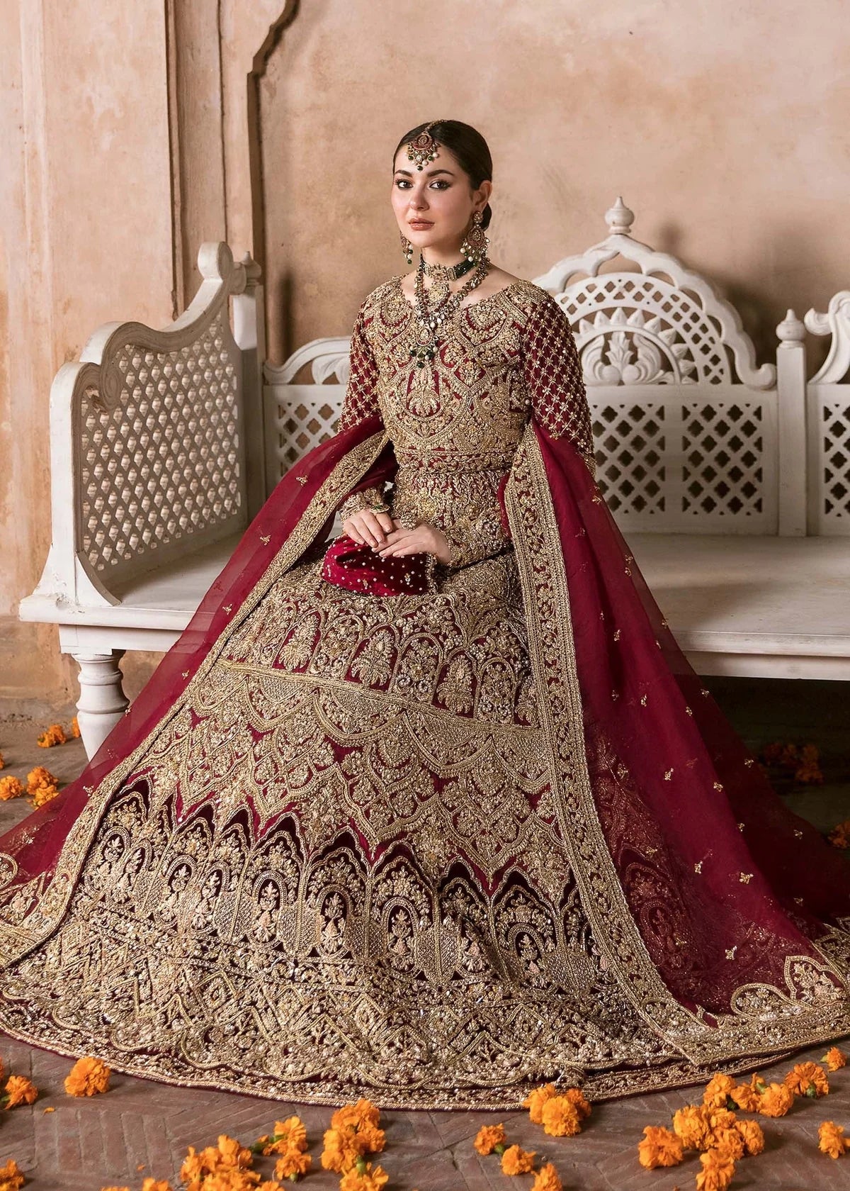 Muntaha Deep Red Korean Silk Bridal Pishwas – Luxury Wedding Dress