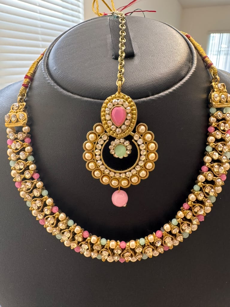 Traditional Pink & Mint Kundan Pearl Jewelry Set