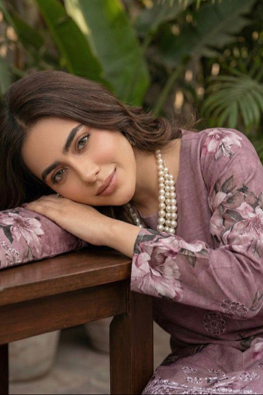 Mauve Embroidered Lawn Suit with Chiffon Dupatta