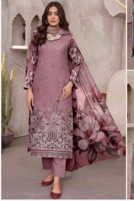 Mauve Embroidered Lawn Suit with Chiffon Dupatta