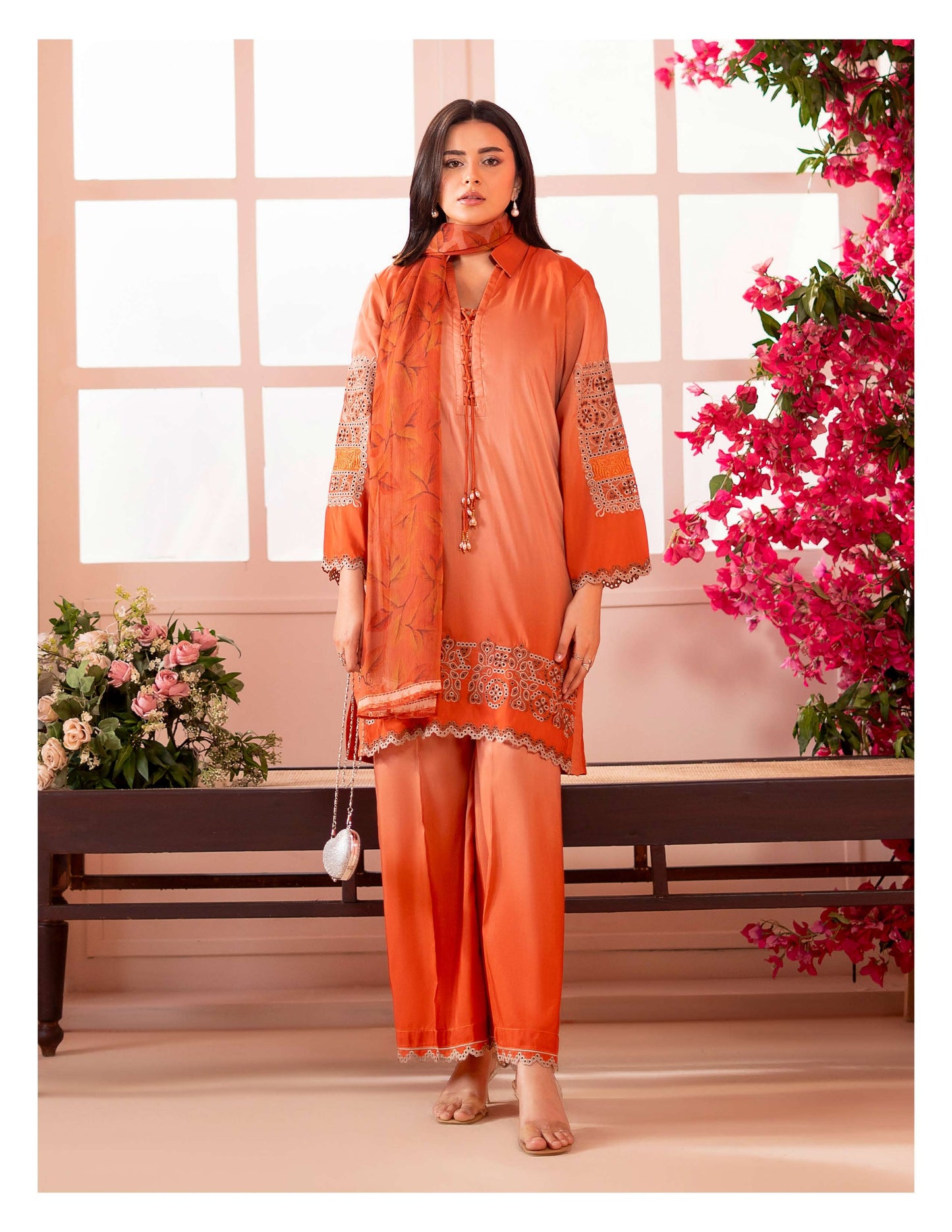 Rust Orange Embroidered 3-Piece Suit with Printed Dupatta