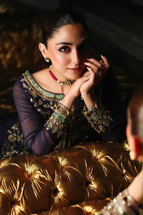 Navy Blue Chiffon Embroidered 3-Piece Suit with Golden Detailing