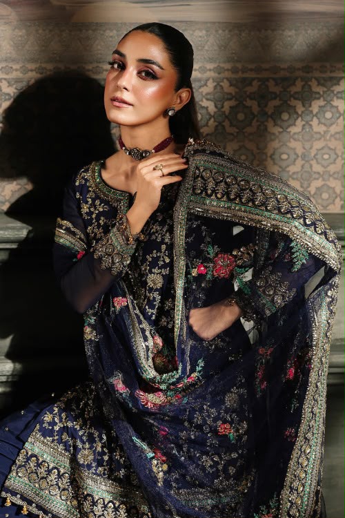 Navy Blue Chiffon Embroidered 3-Piece Suit with Golden Detailing