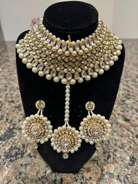 Luxury White Kundan Pearl Bridal Choker Set with Earrings & Maang Tikka - Bridal Jewelry by Eastern Clozet