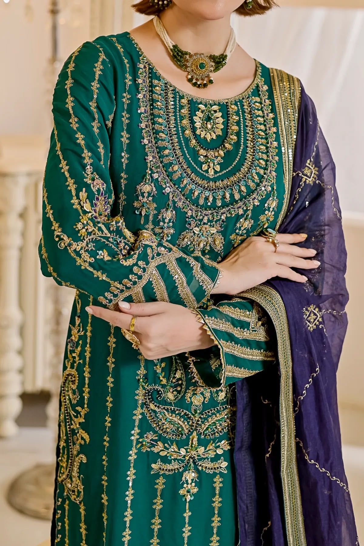 Zinc Long Shirt and Sharara Style Ensemble with Embroidered Dupatta