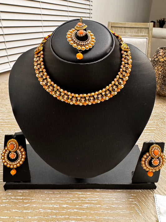 Orange Kundan Choker Jewelry Set – Necklace, Earrings & Maang Tikka