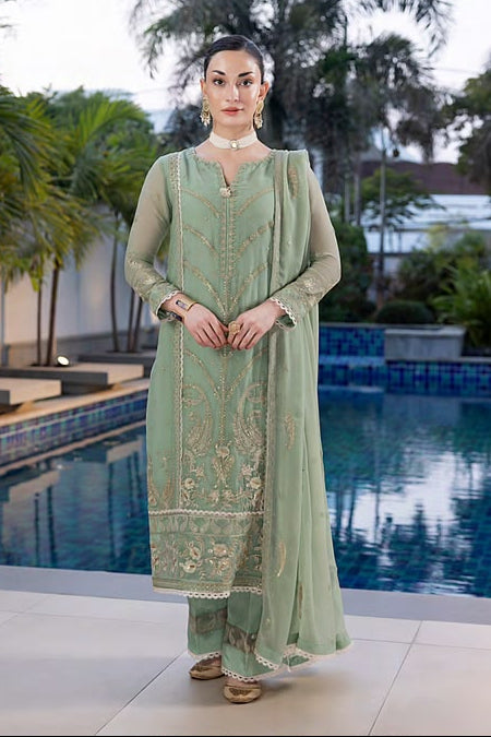 Luxury Sequins Embroidered Chiffon-Olive Green
