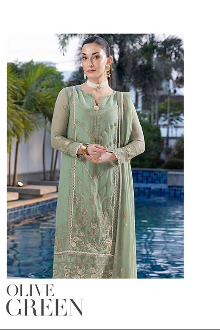 Luxury Sequins Embroidered Chiffon-Olive Green