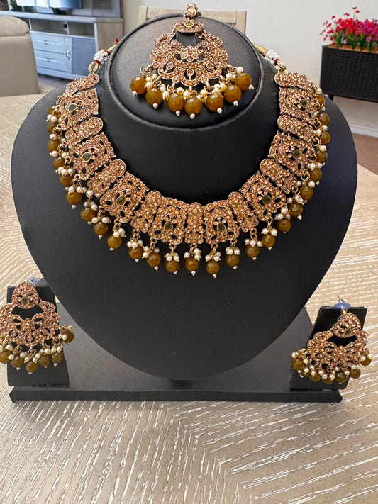Antique Gold Bridal Jewelry Set – Necklace, Earrings & Maang Tikka - Bridal Jewelry by Eastern Clozet