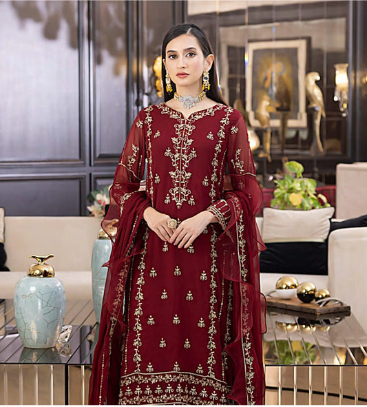 Luxury Sequins Embroidered Chiffon-Aesthetic Maroon