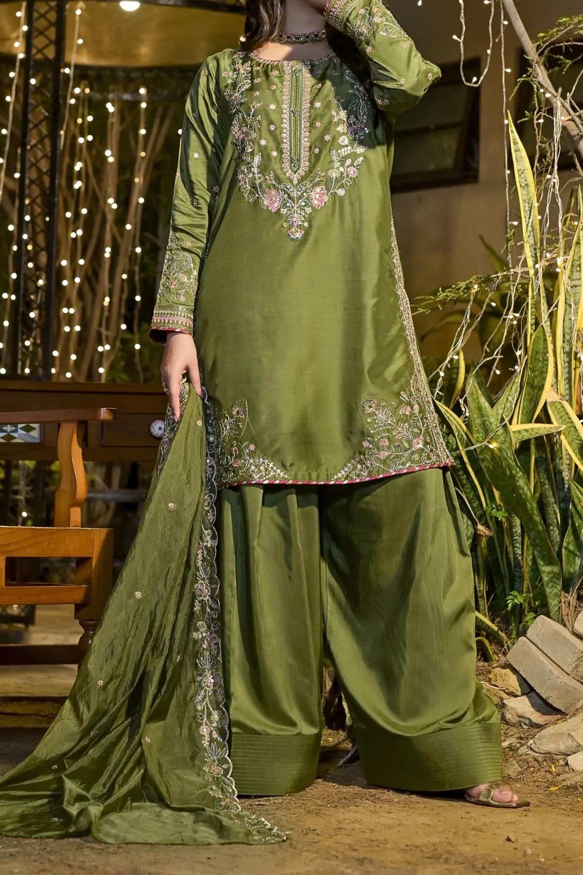 Elegant Olive Green Embroidered 3 Piece Suit for Women