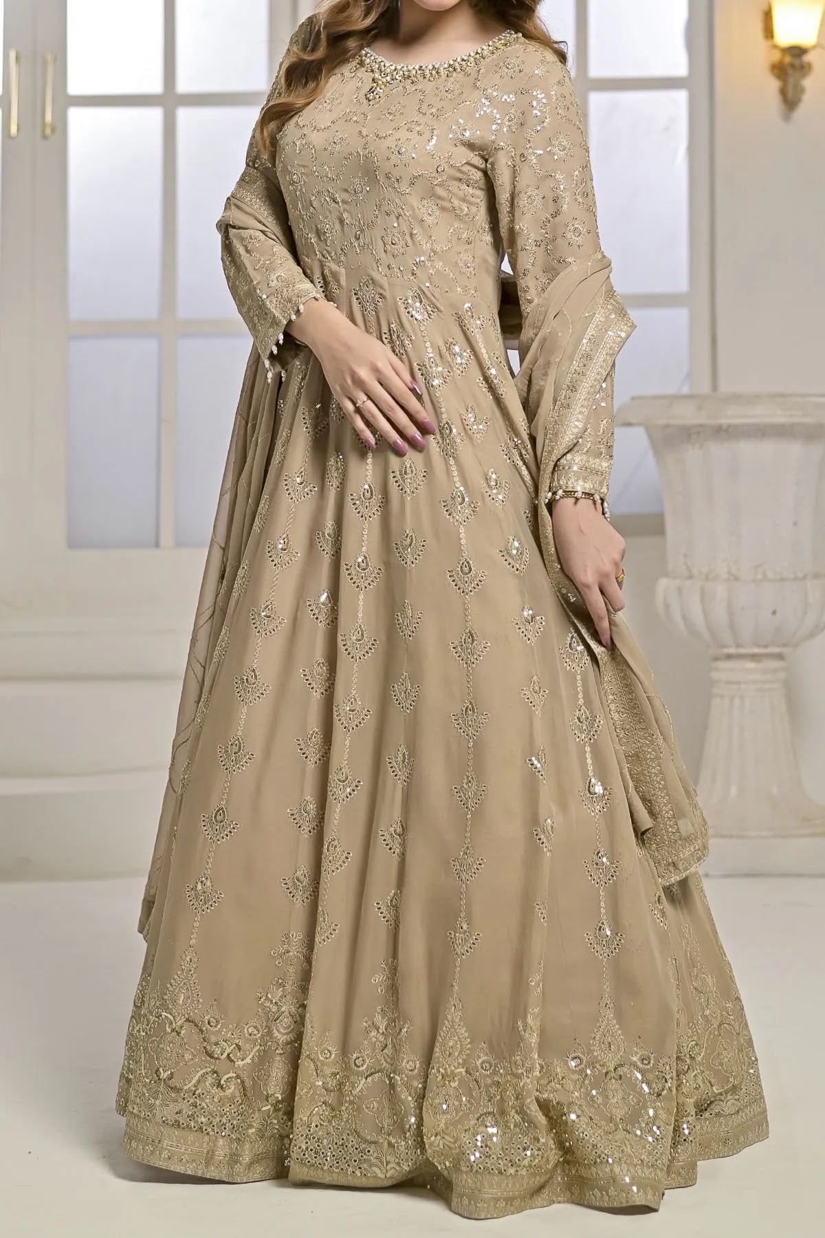 Champagne Golden Hand Embroidered Long Gown with Dupatta