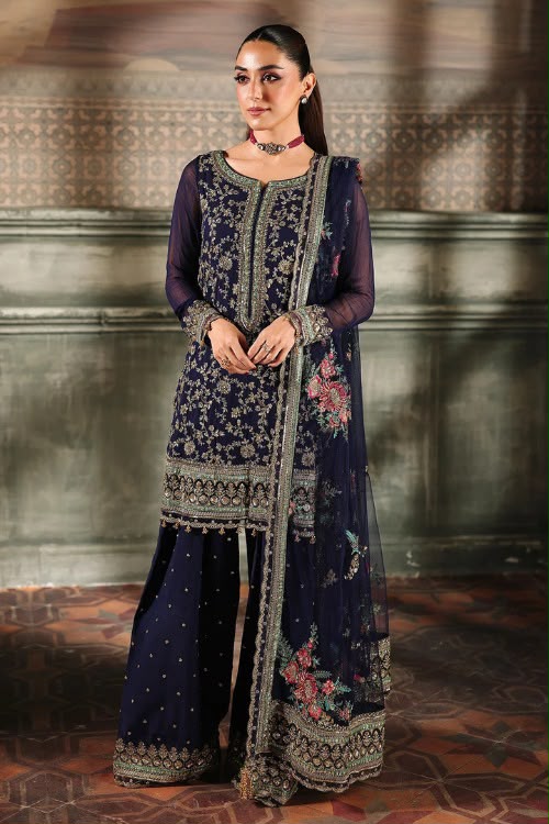 Navy Blue Chiffon Embroidered 3-Piece Suit with Golden Detailing