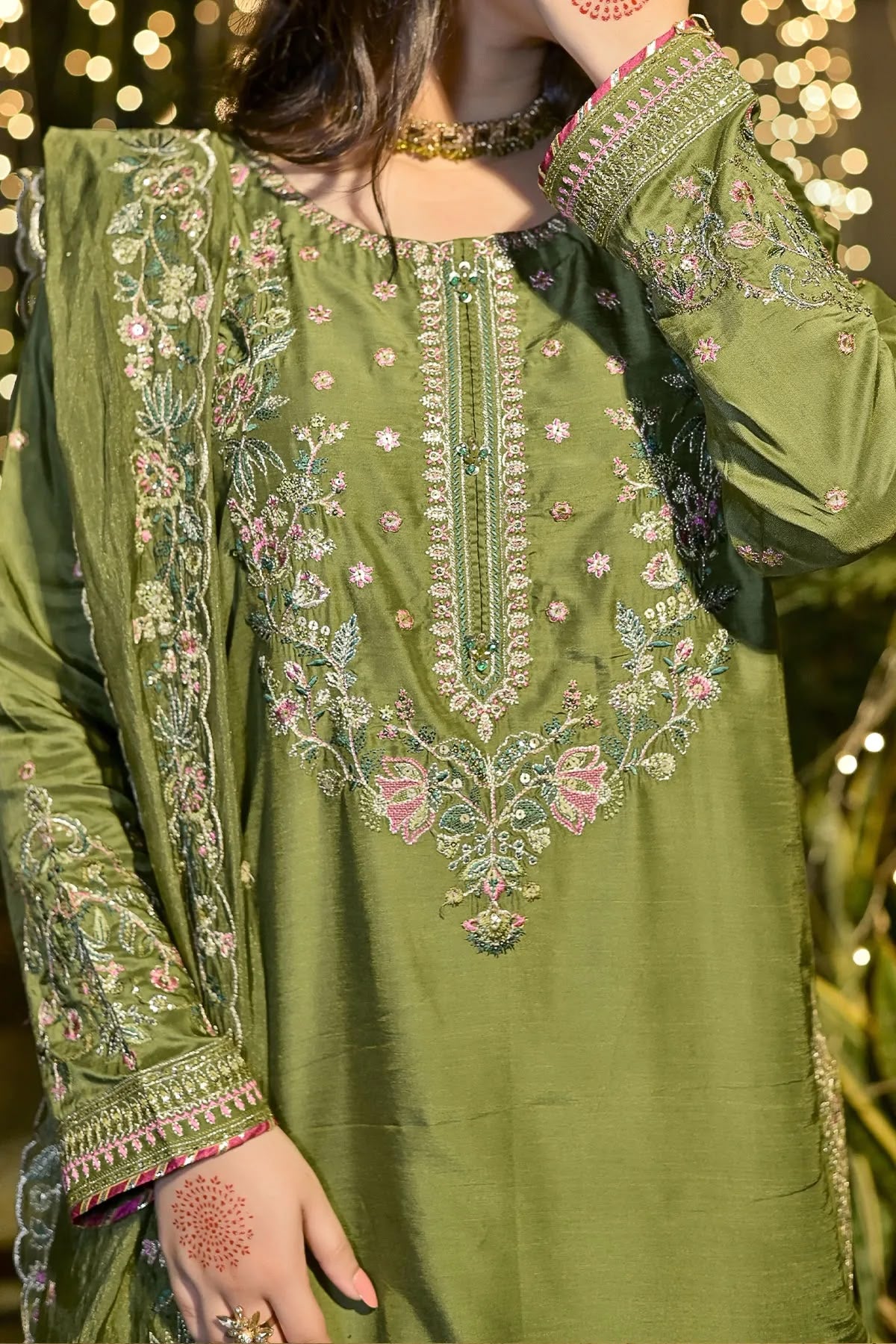 Elegant Olive Green Embroidered 3 Piece Suit for Women