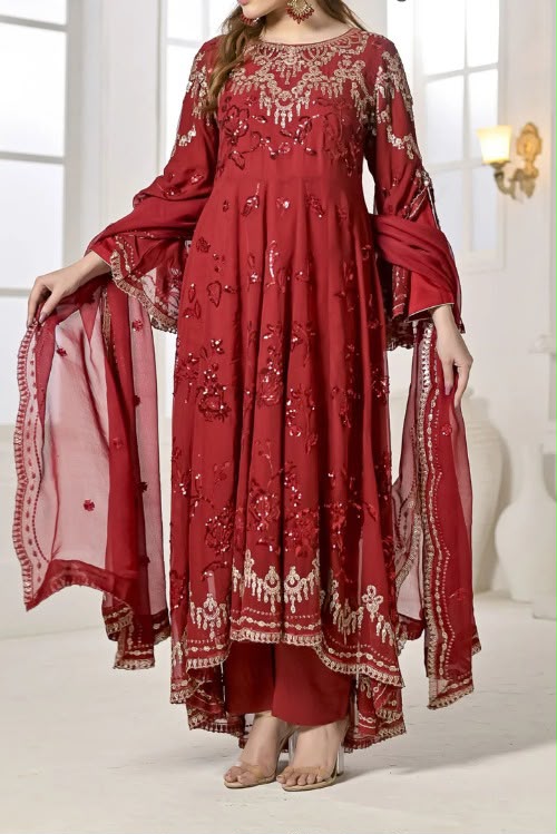 Chiffon Long Dress with Embroidered Gharara & Dupatta