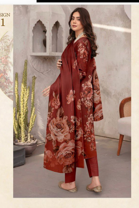 Rust Brown Embroidered Lawn Suit with Chiffon Dupatta